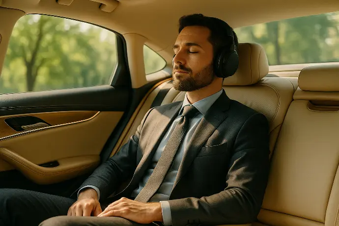 Business client enjoying the comfort of a Taxi G electric car in Walloon Brabant – premium, quiet and professional service.